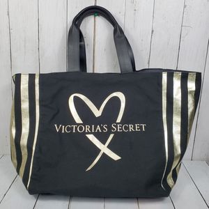 VICTORIAS SECRET Limited Edition 2017 Love Black Gold Stripe Tote Bag Canvas